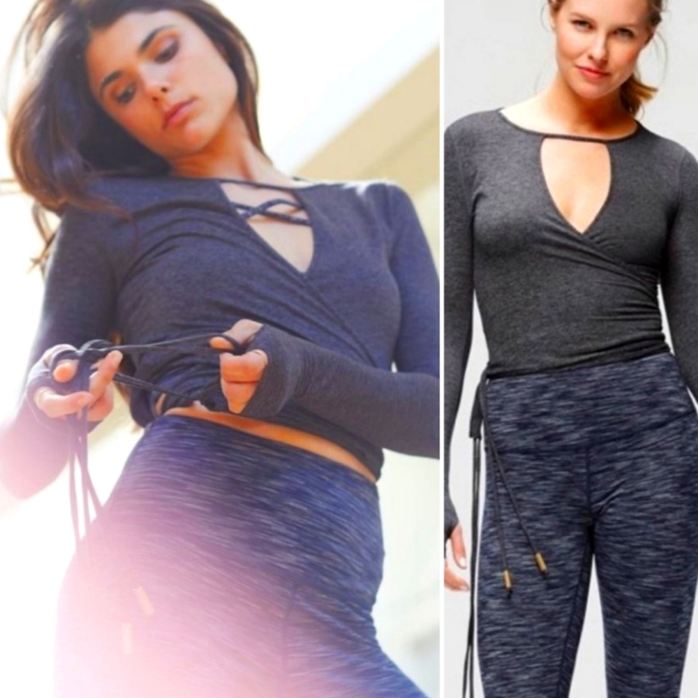 Ethona Wrap Top Long Sleeve Radiant Stretch Charcoal Gray Sporty Athletic